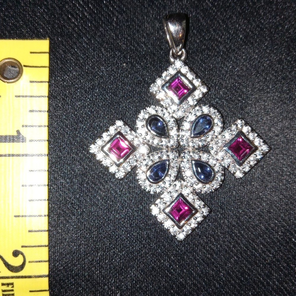 925 Sterling Silver Fancy Shape Sapphire, Amethyst & Tourmaline Pendant